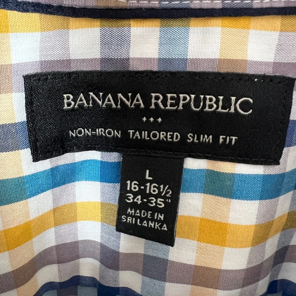 Banana Republic Mens Tailored Slim Fit Non Iron Blue Gingham Button Down Shirt L